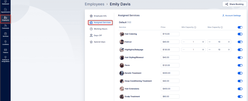 Employee profile page for Emily Davis showing assigned services, prices, and minimum and maximum capacity for each service, with navigation menu on the left.