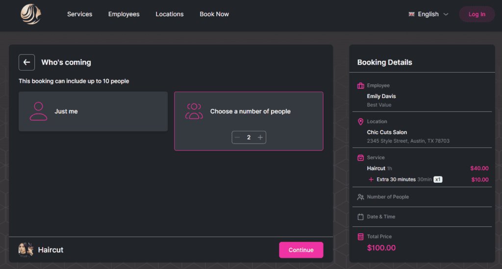 Booking interface for a hair salon showing a selection for number of people, customer details, selected service, extra time, and a total price of $100.