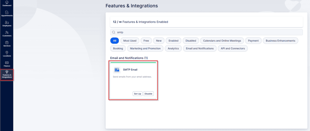 A web interface displays the "Features & Integrations" page with the "SMTP Email" integration highlighted under "Email and Notifications".
