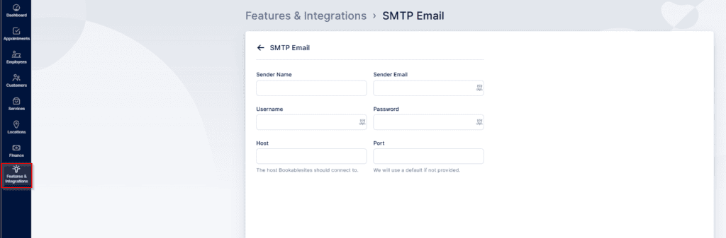 A web interface displays SMTP Email settings with blank fields for sender name, sender email, username, password, host, and port. The “Integrations” menu is highlighted on the sidebar.