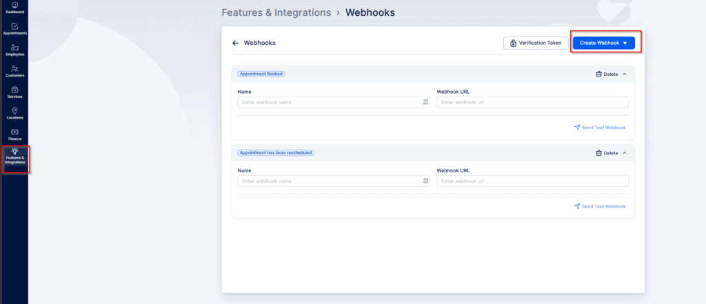 Screenshot of a web dashboard showing the Webhooks section under Features & Integrations, with options to add webhook URLs and a highlighted "Create Webhook" button.