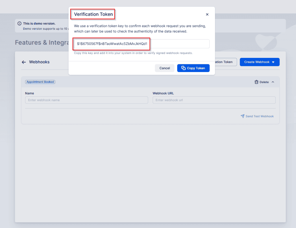A web page displays a “Verification Token” popup with a token string and options to copy the token or close the popup; webhook settings are visible in the background.