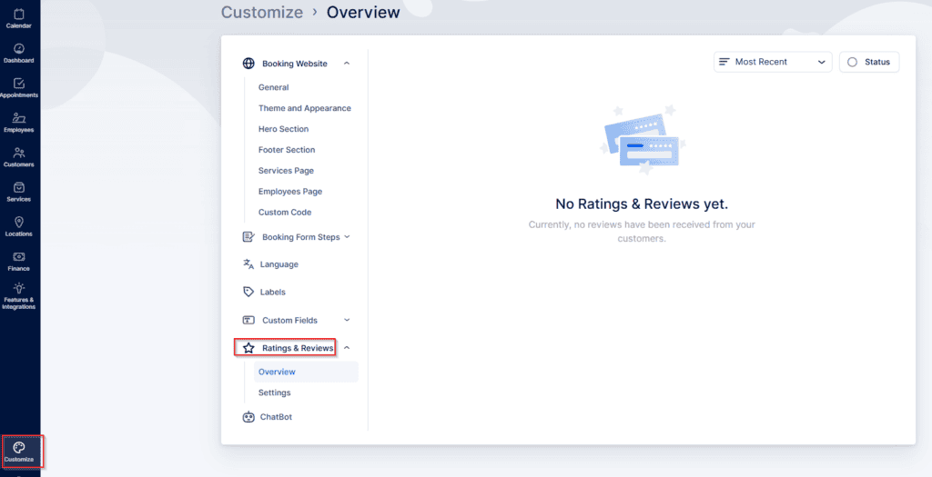 A dashboard interface displays the "Ratings & Reviews" section under "Customize," showing no ratings or reviews have been received yet. Navigation menu is visible on the left.