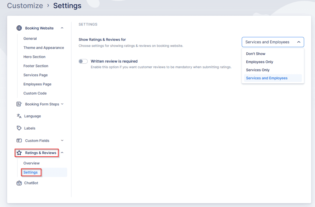 Settings page showing the "Ratings & Reviews" section with options to display reviews for services, employees, or both. The "Settings" and "Ratings & Reviews" tabs are highlighted.