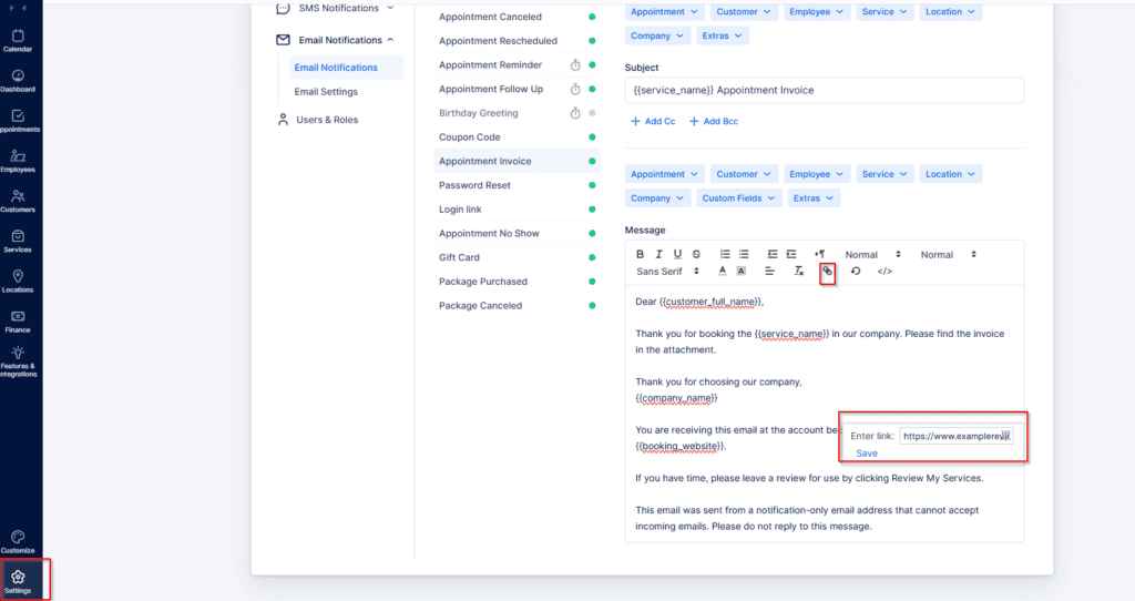 A user interface shows email notification settings being edited, with a link insertion dialog open for adding a URL to the email message body.