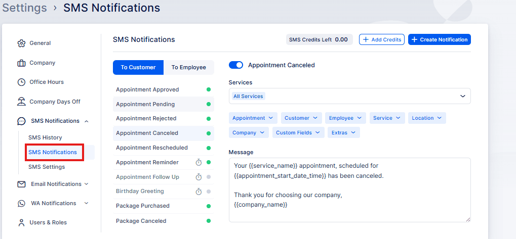 The SMS Notifications settings page displays options for configuring customer and employee notifications, message templates, and service selection.