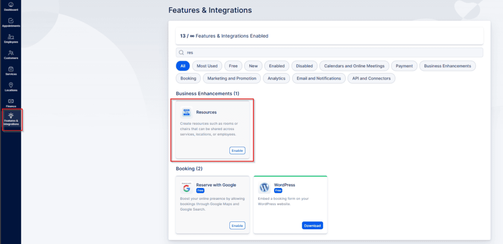 The Features & Integrations page displays search results for "res," highlighting the "Resources" card with an option to enable it, under Business Enhancements.