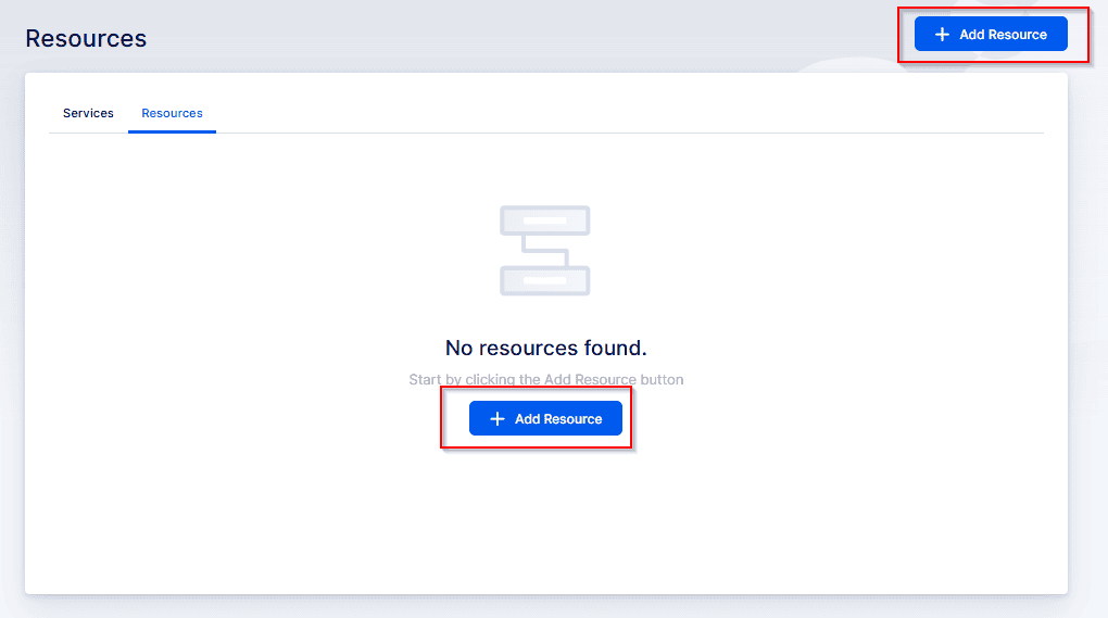A webpage titled "Resources" displays "No resources found" with options to add a resource via blue "Add Resource" buttons in the top right and center of the page.