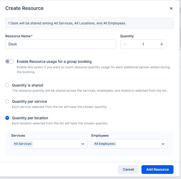 A “Create Resource” form with fields for resource name and quantity, options for resource usage, and dropdowns for services and employees. “Add Resource” and “Cancel” buttons are at the bottom.
