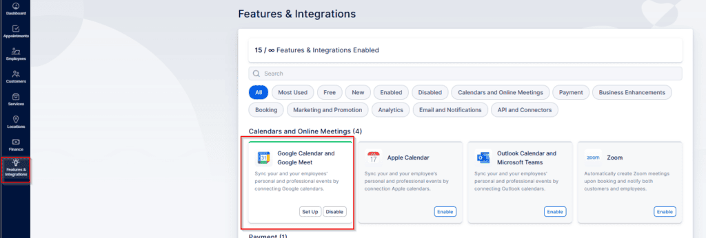 A software dashboard displays the 'Features & Integrations' page, highlighting the 'Google Calendar and Google Meet' integration with options to set up or disable.