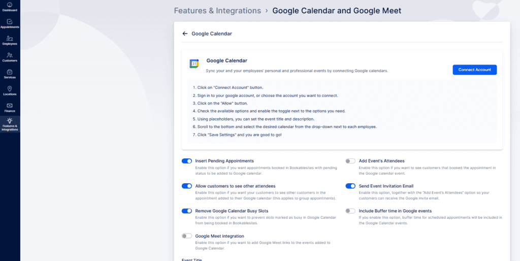 Google Calendar integration settings page with instructions for connecting an account and toggles for various calendar and appointment options.