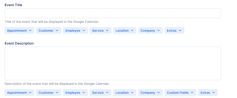 Google Calendar event form with fields for event title and description, each with dropdown menus for appointment, customer, employee, service, location, company, and extras.