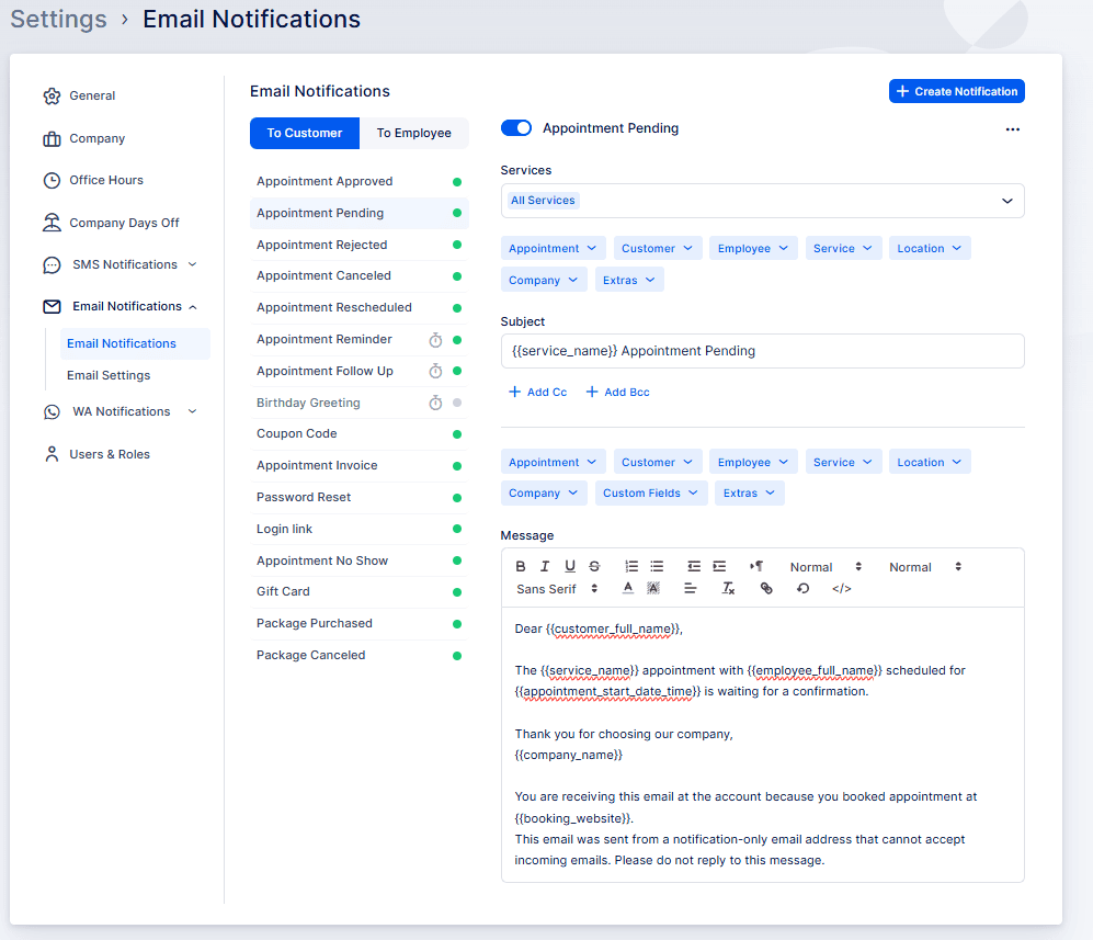 A screenshot of an email notifications settings page showing options to customize appointment-related emails for customers and employees, including subject, services, and message content with placeholders.