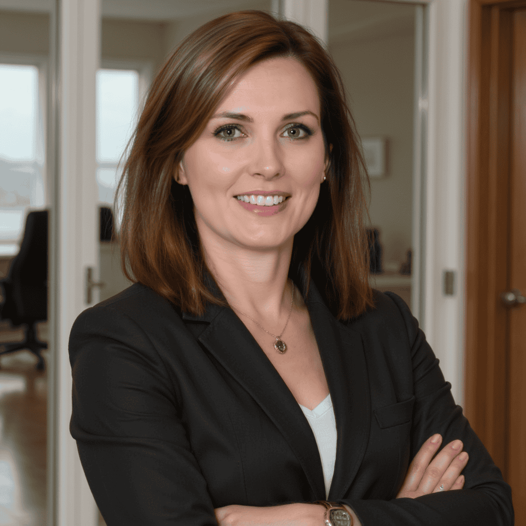A woman in a business suit stands with arms crossed in an office with glass doors and wooden floors, smiling at the camera.