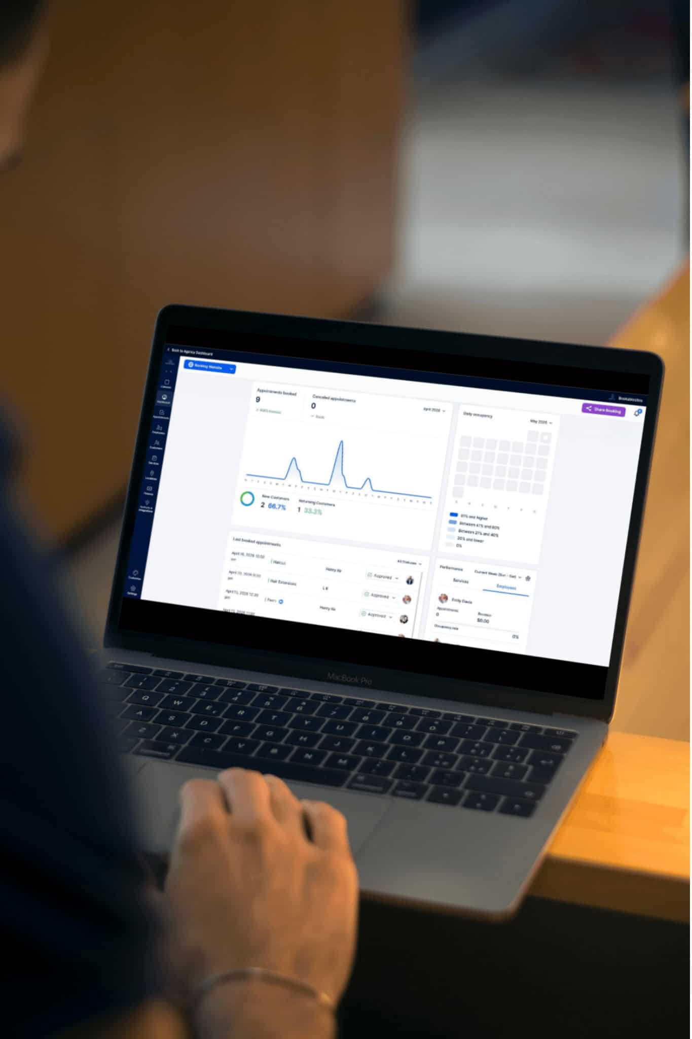 Person using a laptop displaying a dashboard with charts, graphs, and calendar features on the screen.