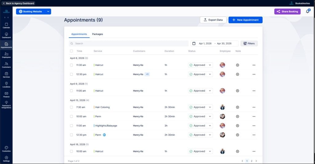 A digital dashboard showing a list of nine appointments with details including date, time, service, customers, duration, status, and actions.