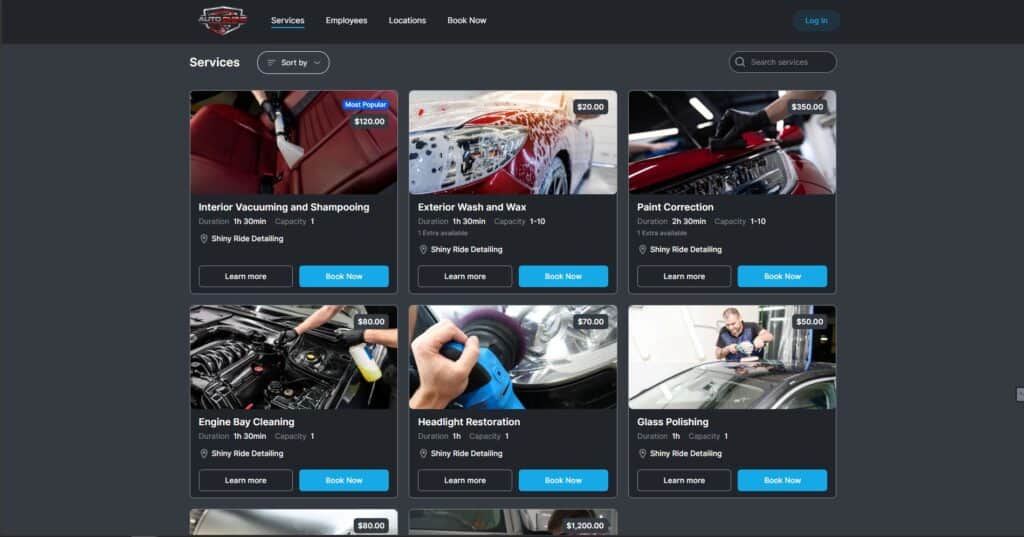 A website page displaying various car detailing services with photos, descriptions, prices, and "Book Now" buttons for each service.